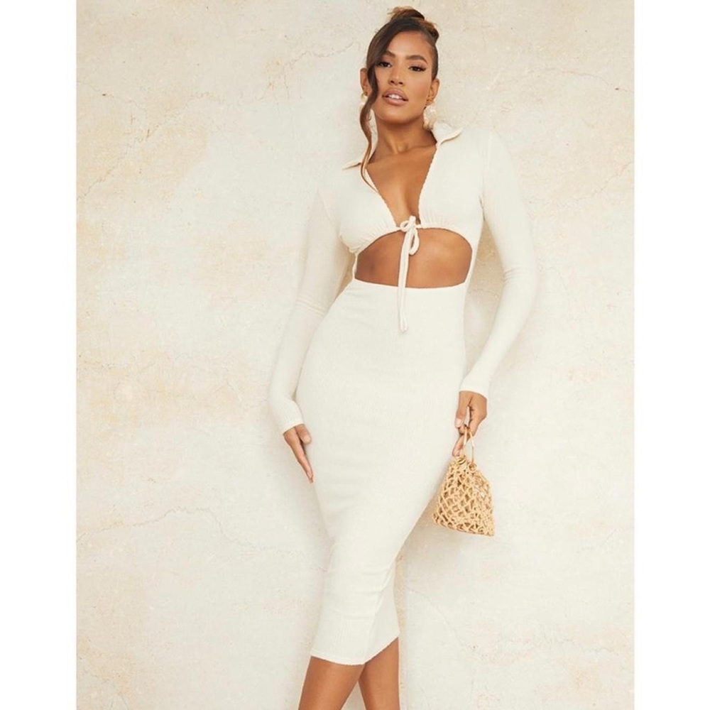 PrettyLittleThing stone brushed rib tie long sleeve midaxi dress